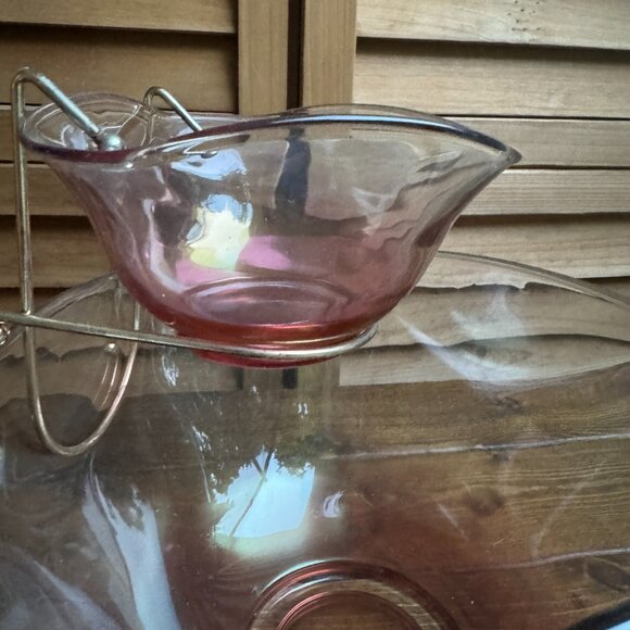 Vintage Ombré Pink Glass Chip and Dip Serving Bowl Set with Metal Stand - Picture 2 of 6